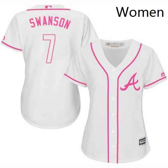 Womens Majestic Atlanta Braves 7 Dansby Swanson Replica White Fashion Cool Base MLB Jersey